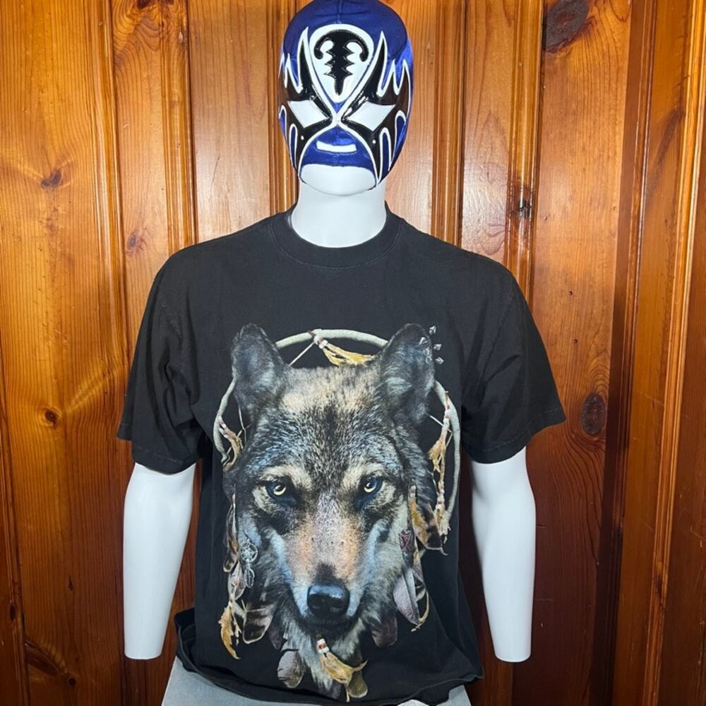Shaka Wear XL Y2K Streetwear Wolf Dreamcatcher Graphic T Shirt Black Heavyweight